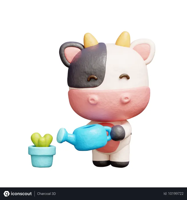 Free 귀여운 소 물뿌리개 식물  3D Illustration