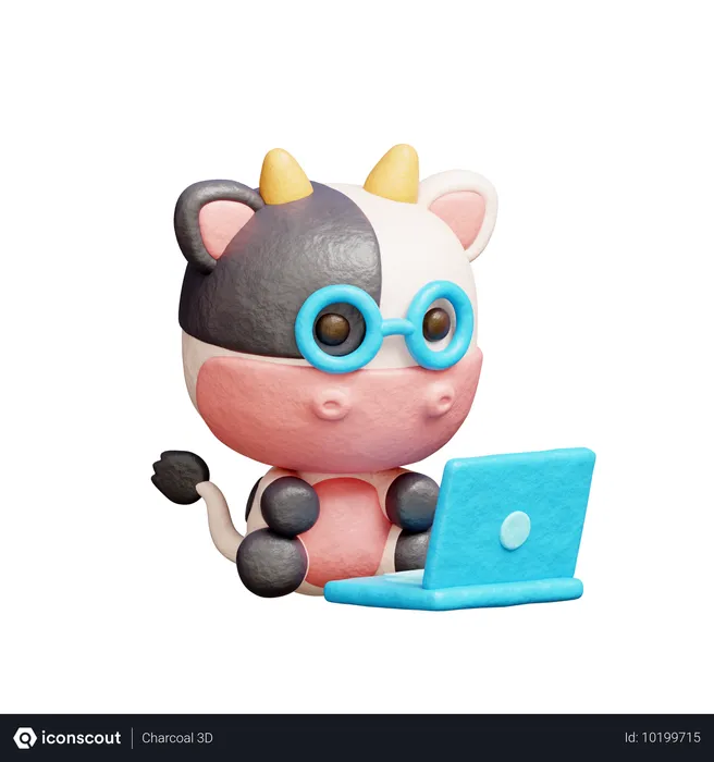 Free Cute Cow Working On Laptop  3D Illustration