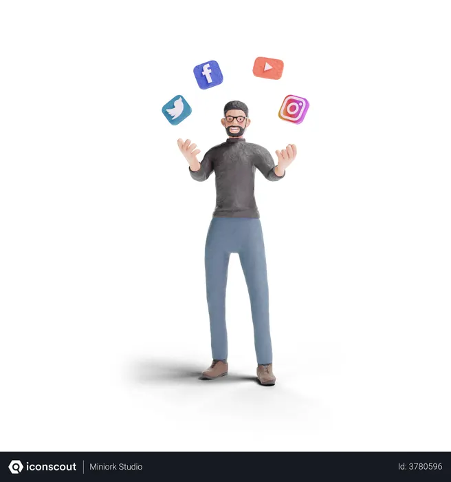 Free Hipster man with social media  3D Icon