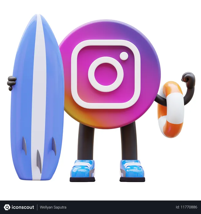 Free サーフボードと救命浮輪を持ったInstagramのロゴ  3D Icon