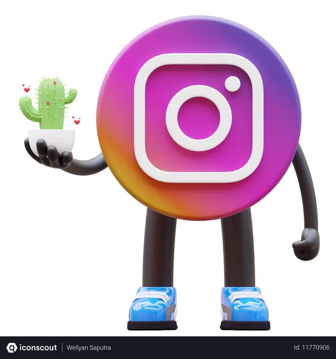 Free Instagram Logo Holding Cactus With Hearts  3D Illustration
