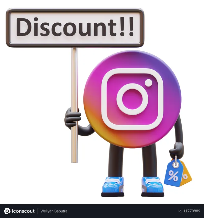 Free Instagram Logo Holding Discount Sign  3D Illustration