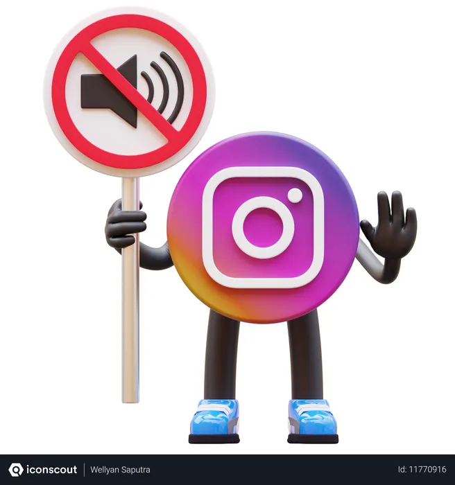 Free Instagram Logo Showing No Sound Sign While Showing Stop Hand  3D Illustration