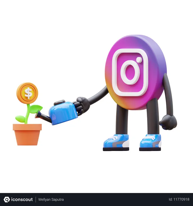 Free Instagram Logo Watering Money Plant  3D Illustration