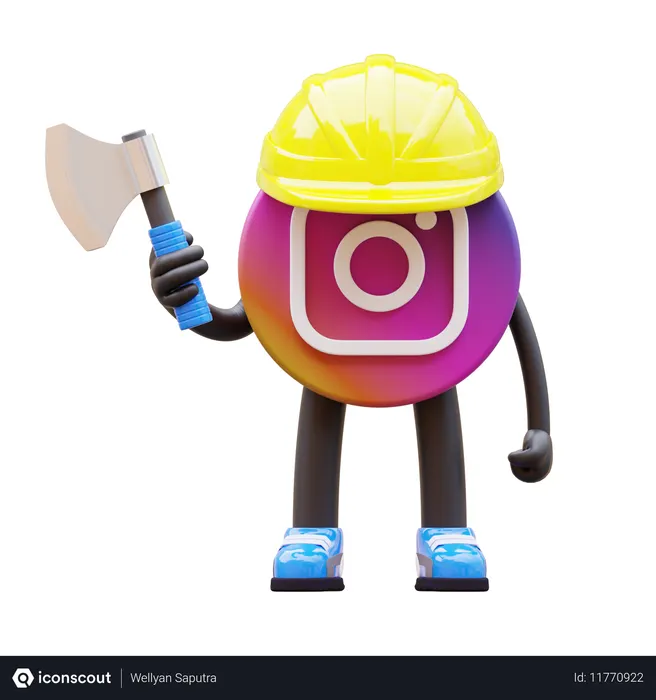 Free Instagram Logo Wearing Hard Hat Holding Axe  3D Illustration