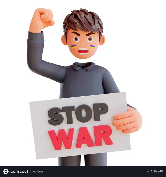 Free Junge hält Plakat mit der Aufschrift „Stoppt den Krieg“  3D Illustration
