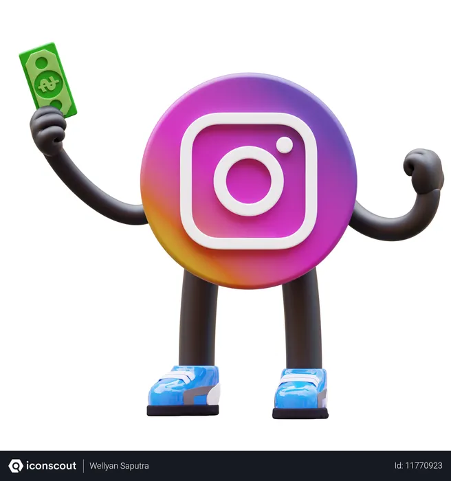 Free El logotipo de Instagram sostiene dinero mientras gana dinero  3D Illustration
