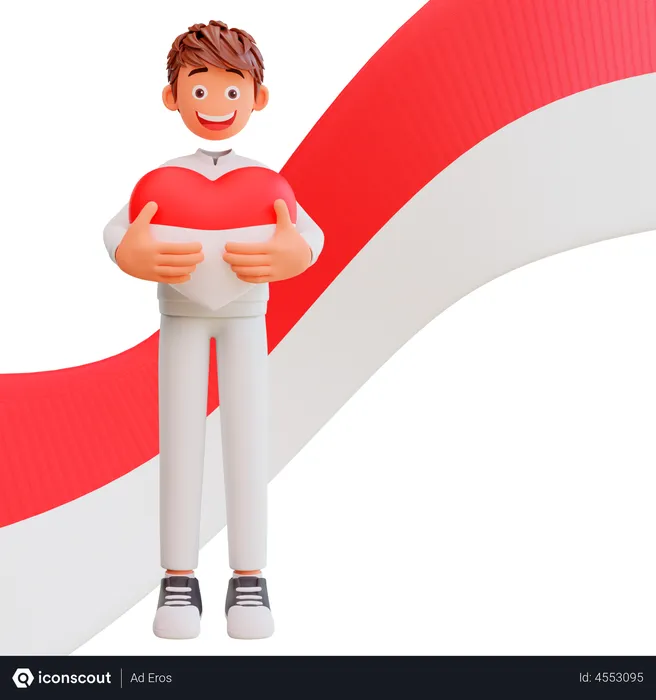 Free Man holding Indonesian flag color heart balloon  3D Illustration