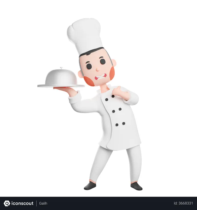 Free Young smiling chef holding cloche  3D Illustration