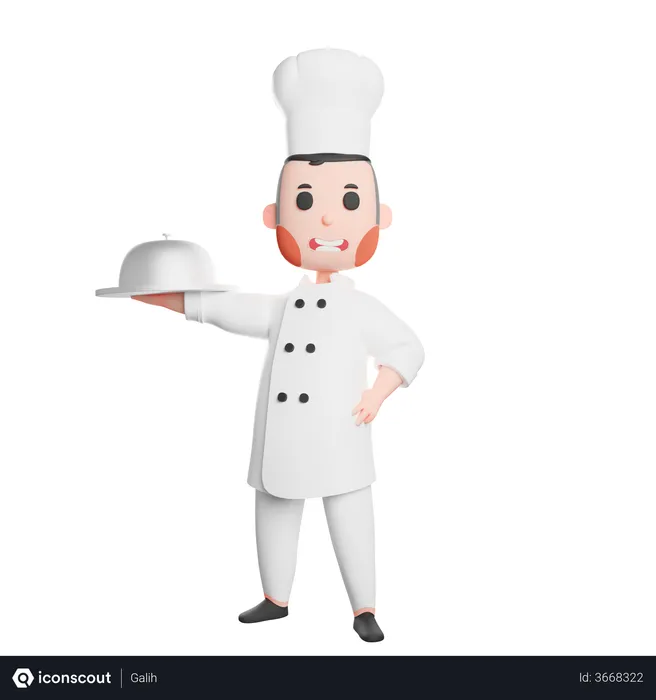 Free Young smiling chef holding cloche  3D Illustration