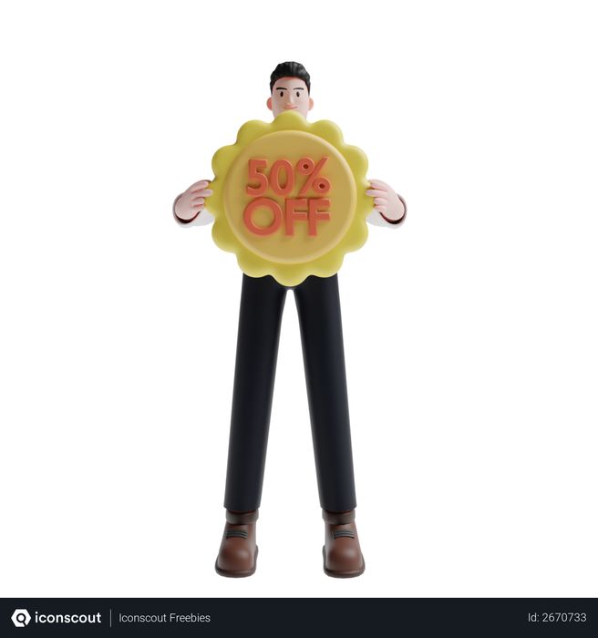 Man holding discount sign 3D Illustration