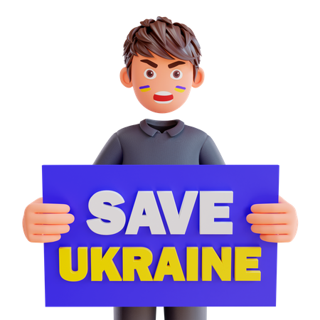Boy holding poster for save Ukraine 3D Illustration