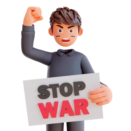 Boy holding poster for stop war 3D Illustration