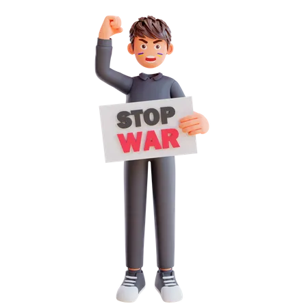 Boy holding stop war poster 3D Illustration