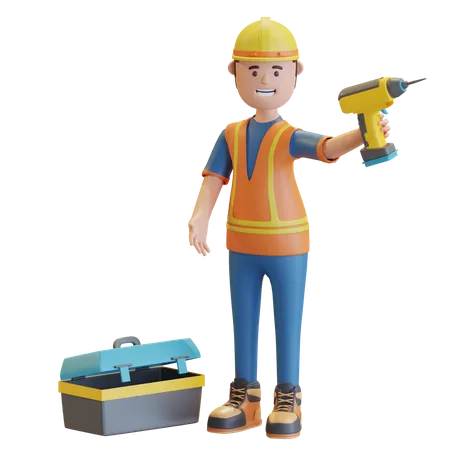 Construction worker holding drill machine 3D Illustration