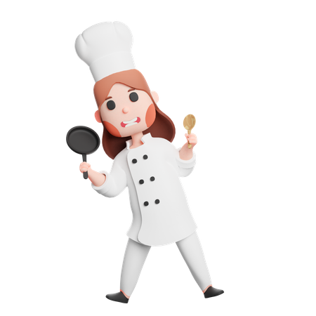 Cute chef holding frying pan and spatula utensil 3D Illustration