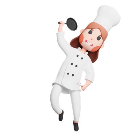 Cute chef holding frying pan and spatula utensil 3D Illustration
