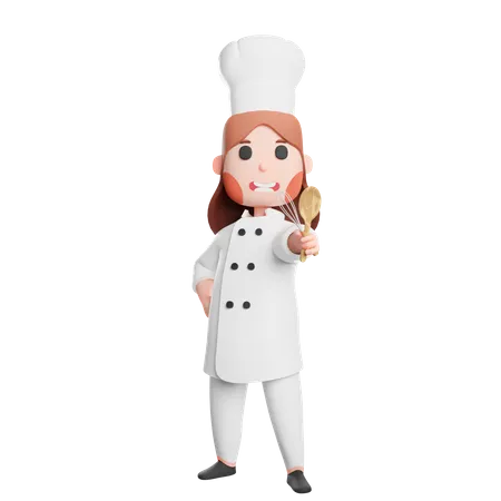 Cute chef holding spatula and mixer utensils 3D Illustration
