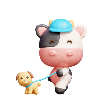 Free 犬と一緒に歩くかわいい牛  3D Icon