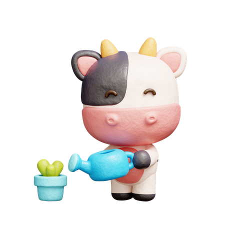 Free かわいい牛が植物に水をやる  3D Icon