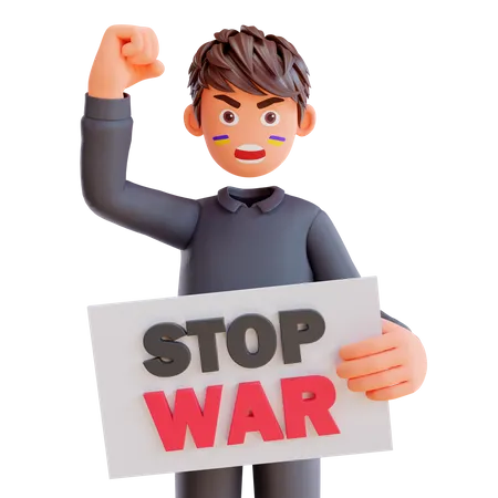 Free Boy holding poster for stop war  3D Illustration