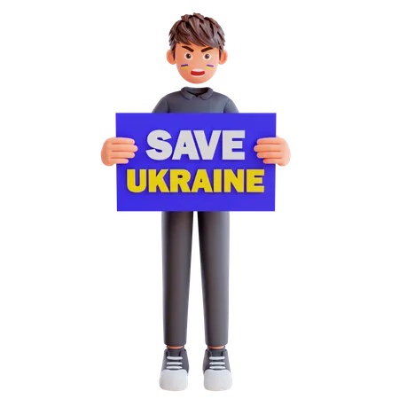 Free Cute Boy Holding Poster Save Ukraine 3D Illustration