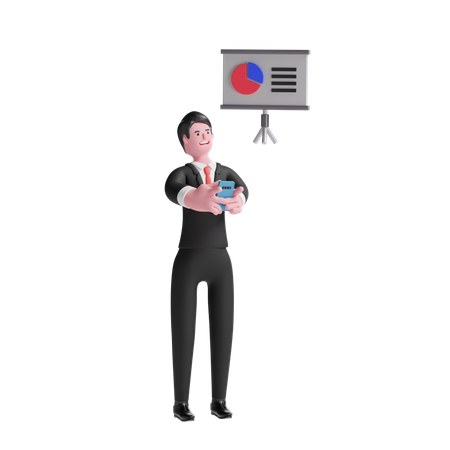 Free Businessman Reading Mobile Presentation  3D Icon