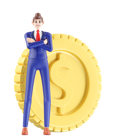 Free Businessman standing next to currency coin  3D Illustration