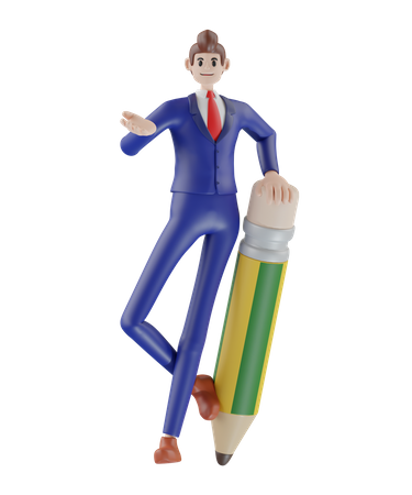 Free Businessman standing with pencil  3D Illustration