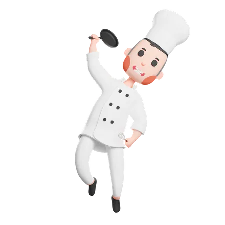 Free Cheerful chef with holding frying pan  3D Illustration
