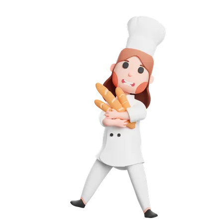 Free Chef Holding A Baguette  3D Illustration