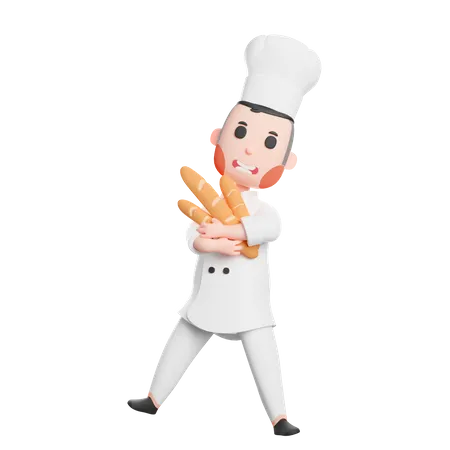 Free Chef Holding A Baguette  3D Illustration