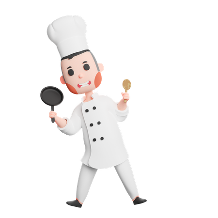 Free Chef mignon tenant une poêle à frire et un ustensile de spatule  3D Icon