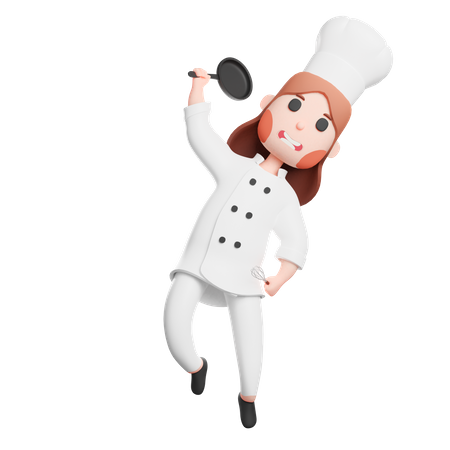 Free Chef mignon tenant une poêle à frire et un ustensile de spatule  3D Icon