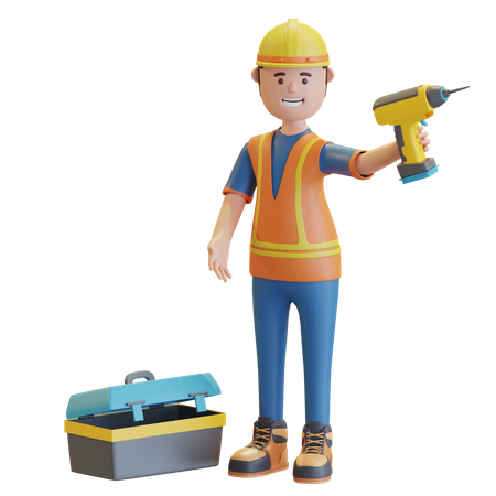 Free Construction worker holding drill machine  3D Icon