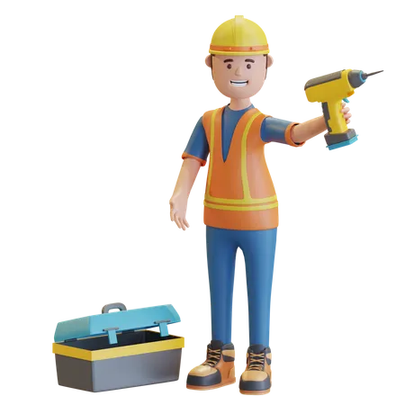 Free Construction worker holding drill machine  3D Illustration