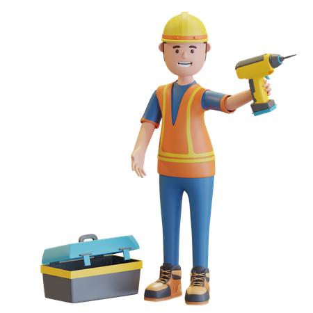 Free Construction worker holding drill machine  3D Illustration