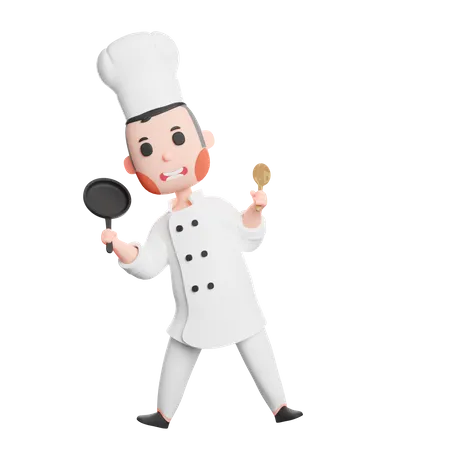 Free Cute chef holding frying pan and spatula utensil  3D Illustration