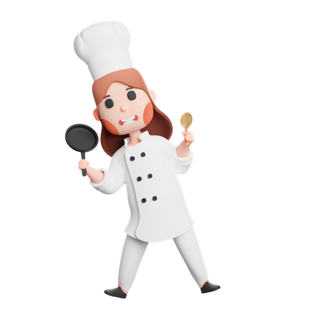 Free Cute chef holding frying pan and spatula utensil  3D Illustration