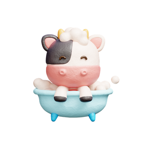 Free Cute Cow Bathing Shower Bathtub  3D Illustration