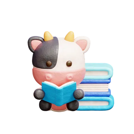 Free Cute Cow Reading A Book  3D Illustration