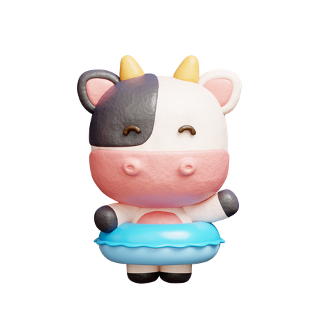 Free Cute Cow With Rubber Swimming Rings  3D Illustration