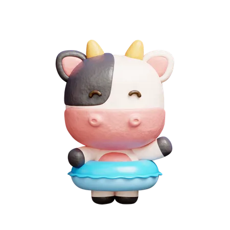 Free Cute Cow With Rubber Swimming Rings  3D Illustration