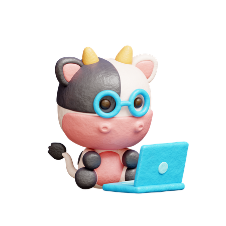 Free Cute Cow Working On Laptop  3D Illustration