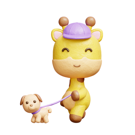 Free Cute Giraffe Walking With Dog  3D Icon
