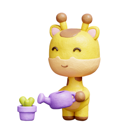Free Cute Giraffe Watering Plant  3D Icon