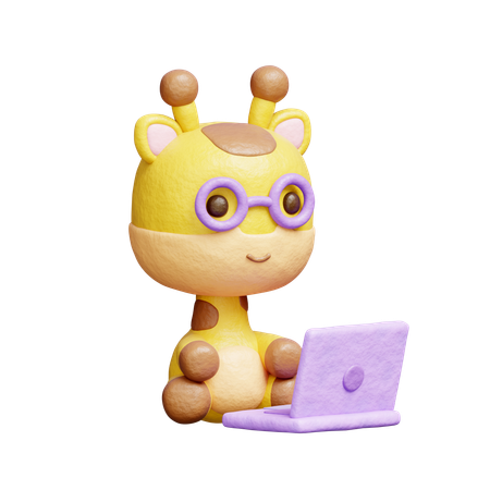 Free Cute Giraffe Working On Laptop  3D Icon