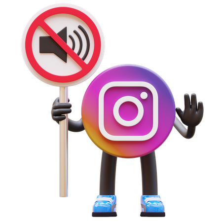 Free El logotipo de Instagram no muestra ninguna señal de sonido mientras muestra la mano de parada  3D Illustration