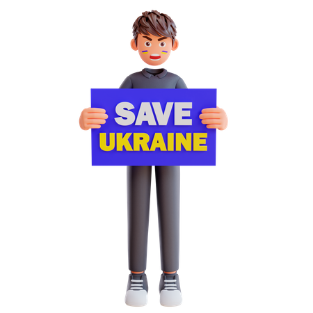 Free Garçon tenant l’affiche sauver l’Ukraine  3D Icon