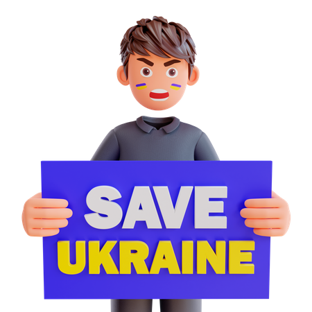 Free Garçon tenant une affiche pour sauver l’Ukraine  3D Icon